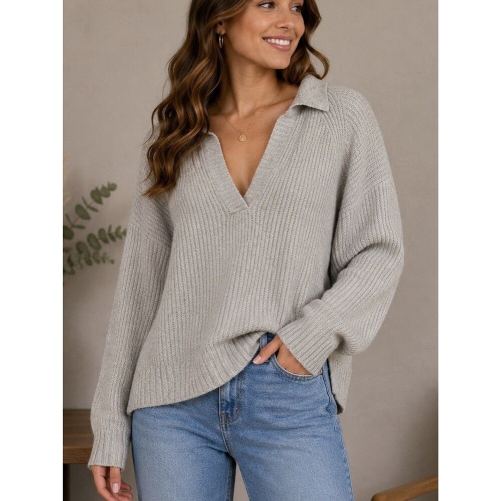American Eagle Sweater Women's XL Gray Ribbed Knit Collared V Neck Pullover